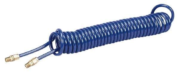 Coilhose Pneumatics - 1/4" ID, 1/4 Thread, 25' Long, Blue Polyurethane Coiled & Self Storing Hose - 125 Max psi, Male Swivel x Male Swivel - USA Tool & Supply