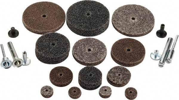 3M - 30 Piece Deburring Kit - 1/2, 1, 1-1/2 & 2" Diam Unitized Wheels in Fine, Medium & Coarse Grades, 1/8 & 1/4" Shank Diam, Aluminum Oxide & Silicon Carbide - USA Tool & Supply