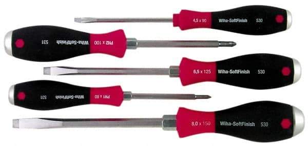 Wiha - 5 Piece Phillips & Slotted Screwdriver Set - Round Shank, Ergonomic Handle - USA Tool & Supply