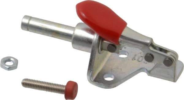 De-Sta-Co - 100 Lb Load Capacity, Flanged Base, Carbon Steel, Standard Straight Line Action Clamp - 3 Mounting Holes, 0.17" Mounting Hole Diam, 1/4" Plunger Diam, Thumb Handle - USA Tool & Supply