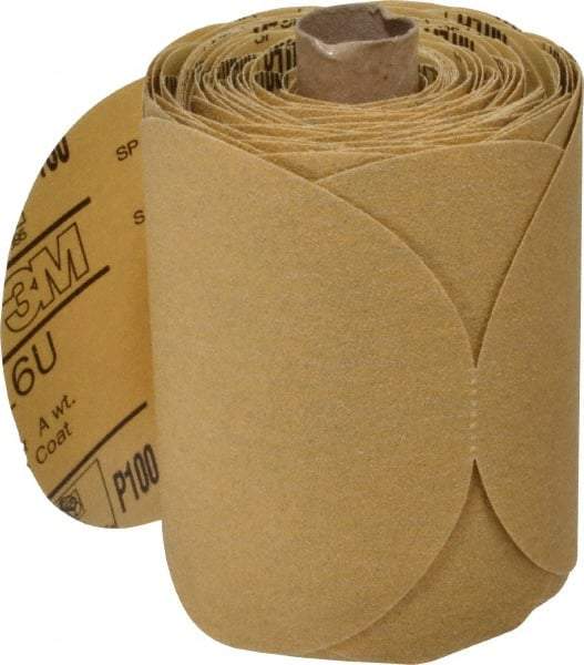 3M - 5" Diam, 100 Grit FEPA, Aluminum Oxide Adhesive PSA Disc - Fine Grade, Gold, A Weighted Backing, Flexible, Use with Random Orbital Sanders - USA Tool & Supply