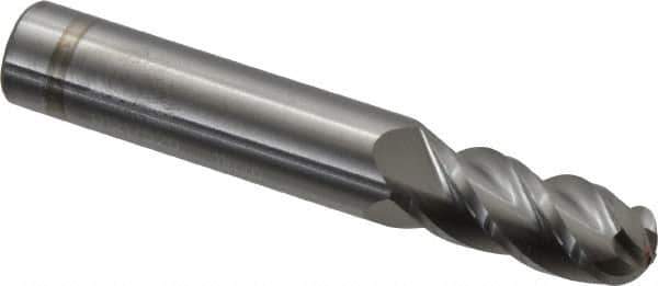 Accupro - 11mm Diam, 25mm LOC, 4 Flute Solid Carbide Ball End Mill - Uncoated, Single End, 76mm OAL, 12mm Shank Diam, Spiral Flute - USA Tool & Supply