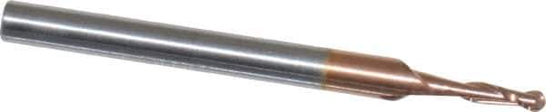 Accupro - 1.5mm Diam, 6mm LOC, 2 Flute Solid Carbide Ball End Mill - TiCN Finish, Single End, 38mm OAL, 3mm Shank Diam, Spiral Flute - USA Tool & Supply