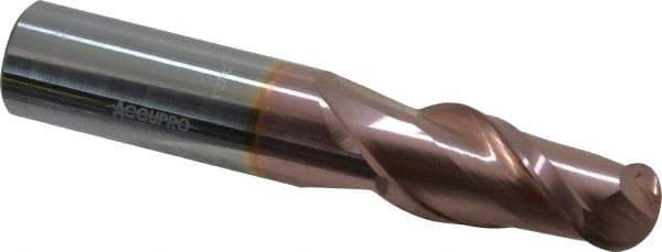 Accupro - 18mm Diam, 38mm LOC, 2 Flute Solid Carbide Ball End Mill - TiCN Finish, Single End, 100mm OAL, 18mm Shank Diam, Spiral Flute - USA Tool & Supply