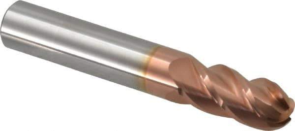 Accupro - 12mm Diam, 25mm LOC, 4 Flute Solid Carbide Ball End Mill - TiCN Finish, Single End, 76mm OAL, 12mm Shank Diam, Spiral Flute - USA Tool & Supply