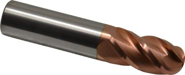 Accupro - 20mm Diam, 38mm LOC, 4 Flute Solid Carbide Ball End Mill - TiCN Finish, Single End, 101mm OAL, 20mm Shank Diam, Spiral Flute - USA Tool & Supply