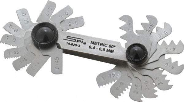 SPI - 20 Leaf, 0.4 to 6mm Pitch Range, Steel Screw Pitch Gage - 60° Thread Angle - USA Tool & Supply
