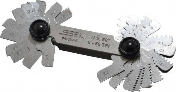 SPI - 30 Leaf, 6 to 60 TPI Range, Steel Screw Pitch Gage - 60° Thread Angle - USA Tool & Supply