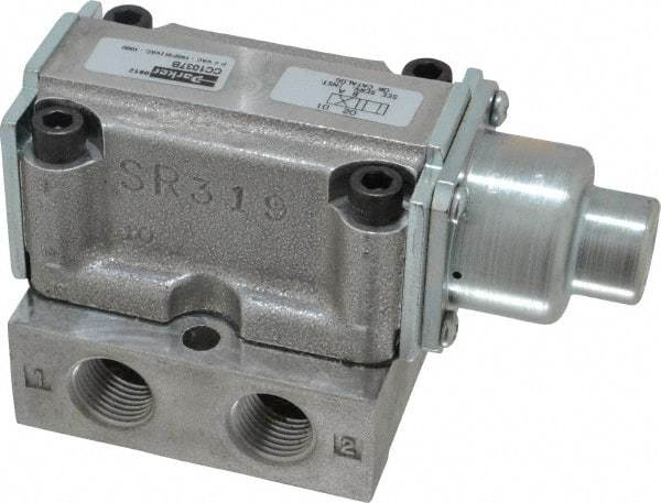 Parker - 1.5 CV Rate, 3/8" NPT Inlet HD Mechanical Oper Valve - 4 Way, 2 Position, 3/8" NPT Outlet, 150 Max psi, Air Pilot Spring Return - USA Tool & Supply