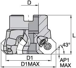Kennametal - 6" Cut Diam, 2" Arbor Hole, 5mm Max Depth of Cut, 43° Indexable Chamfer & Angle Face Mill - 12 Inserts, OF.T64 Insert, Right Hand Cut, 12 Flutes, Through Coolant, Series KSOM - USA Tool & Supply