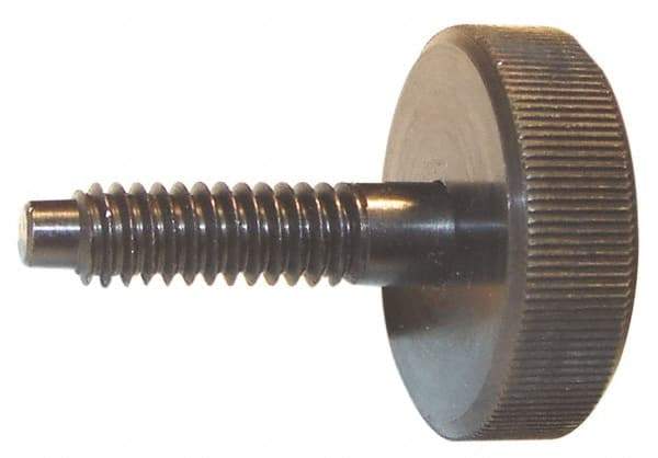 Morton Machine Works - M8x1.25 Knurled Shoulderless Dog Point Tip Grade C-12L14 Steel Thumb Screw - 1-7/8" OAL, 1-1/8" Head Diam x 3/8" Head Height, Black Oxide Finish - USA Tool & Supply