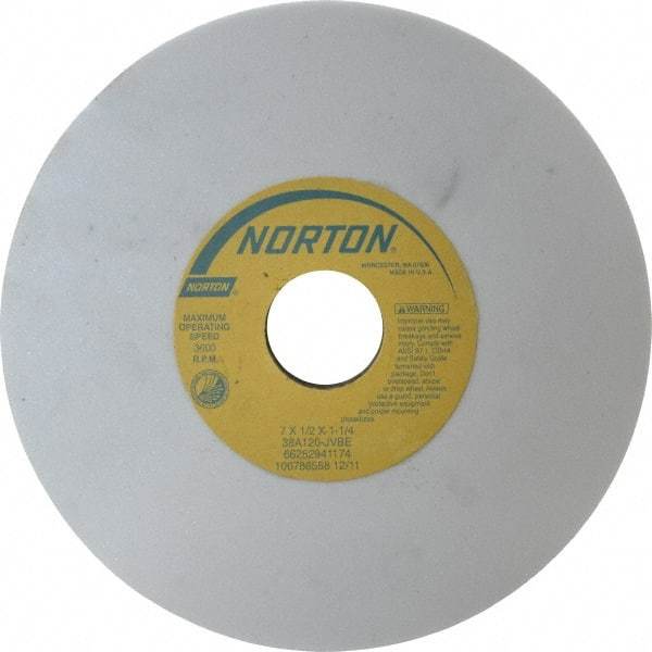 Norton - 7" Diam x 1-1/4" Hole x 1/2" Thick, J Hardness, 120 Grit Surface Grinding Wheel - Aluminum Oxide, Type 1, Fine Grade, 3,600 Max RPM, Vitrified Bond, No Recess - USA Tool & Supply