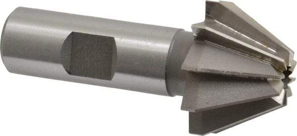 Made in USA - 1-1/4" Large x 1/2" Small Diam, 25/32" Width of Cut, 60° Included Angle, 10 Teeth, High Speed Steel Face Angle Cutter - 5/8" Shank Diam, 2-21/32" Overall Length, Weldon Flat - USA Tool & Supply