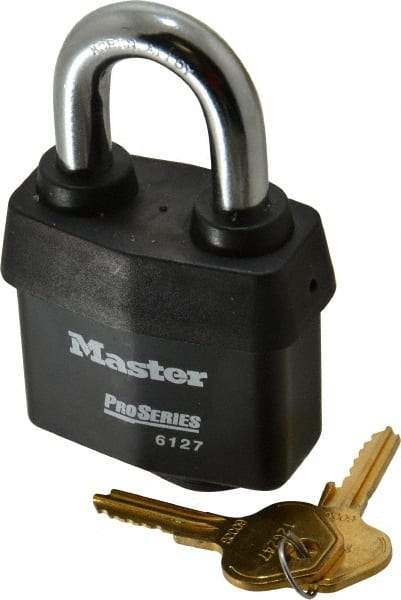 Master Lock - 1-3/8" Shackle Clearance, Keyed Different Padlock - 7/8" Shackle Width, 7/16" Shackle Diam, Laminated Steel - USA Tool & Supply