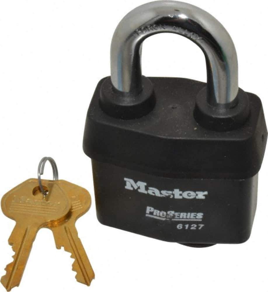 Master Lock - 1-3/8" Shackle Clearance, Keyed Alike Padlock - 7/8" Shackle Width, 7/16" Shackle Diam, Laminated Steel - USA Tool & Supply