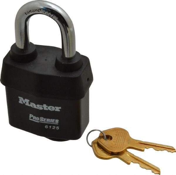 Master Lock - 1-3/8" Shackle Clearance, Keyed Different Padlock - 7/8" Shackle Width, 3/8" Shackle Diam, Laminated Steel - USA Tool & Supply