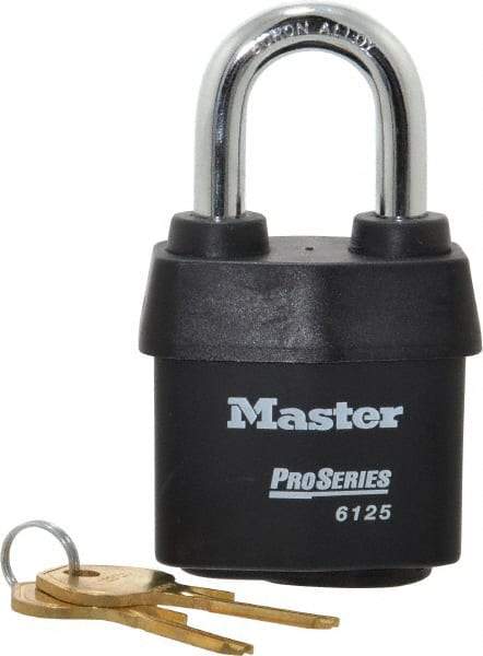 Master Lock - 1-3/8" Shackle Clearance, Keyed Alike Padlock - 7/8" Shackle Width, 3/8" Shackle Diam, Laminated Steel - USA Tool & Supply