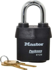 Master Lock - 1-3/8" Shackle Clearance, Keyed Alike Padlock - 7/8" Shackle Width, 3/8" Shackle Diam, Laminated Steel - USA Tool & Supply