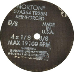 Norton - 4" 36 Grit Aluminum Oxide Cutoff Wheel - 1/8" Thick, 3/8" Arbor, 19,100 Max RPM, Use with Die Grinders - USA Tool & Supply