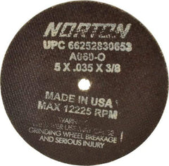 Norton - 5" 60 Grit Aluminum Oxide Cutoff Wheel - 0.035" Thick, 3/8" Arbor, 12,225 Max RPM, Use with Die Grinders - USA Tool & Supply