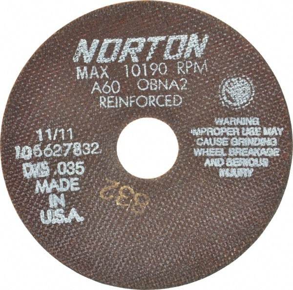 Norton - 6" 60 Grit Aluminum Oxide Cutoff Wheel - 0.035" Thick, 1-1/4" Arbor, 10,190 Max RPM, Use with Angle Grinders - USA Tool & Supply