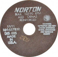 Norton - 6" 60 Grit Aluminum Oxide Cutoff Wheel - 0.035" Thick, 1-1/4" Arbor, 10,190 Max RPM, Use with Angle Grinders - USA Tool & Supply