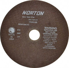 Norton - 8" 60 Grit Aluminum Oxide Cutoff Wheel - 0.06" Thick, 1-1/4" Arbor, 7,640 Max RPM, Use with Stationary Grinders - USA Tool & Supply