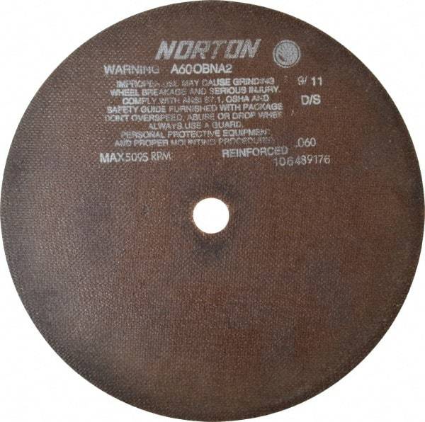 Norton - 12" 60 Grit Aluminum Oxide Cutoff Wheel - 0.06" Thick, 1" Arbor, 5,095 Max RPM, Use with Stationary Grinders - USA Tool & Supply