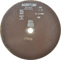 Norton - 12" 60 Grit Aluminum Oxide Cutoff Wheel - 0.075" Thick, 1" Arbor, 5,095 Max RPM, Use with Stationary Grinders - USA Tool & Supply