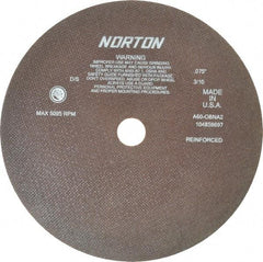 Norton - 12" 60 Grit Aluminum Oxide Cutoff Wheel - 0.075" Thick, 1-1/4" Arbor, 5,095 Max RPM, Use with Stationary Grinders - USA Tool & Supply