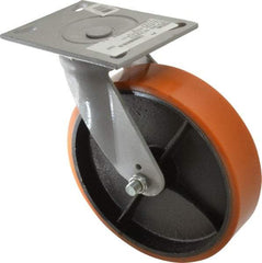 Fairbanks - 8" Diam x 2" Wide x 9-1/2" OAH Top Plate Mount Swivel Caster - Polyurethane, 1,200 Lb Capacity, Roller Bearing, 4-1/2 x 6-1/4" Plate - USA Tool & Supply