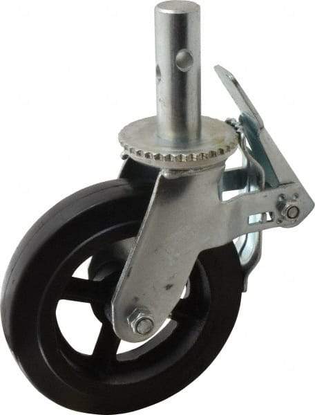 Fairbanks - 9-1/2" Diam x 2" Wide, Rubber Molded on 70 Durometer Swivel with Brake Double Braking Lock Design Caster - 500 Lb Capacity, Round Scaffold Stem Mount, Roller Bearing - USA Tool & Supply