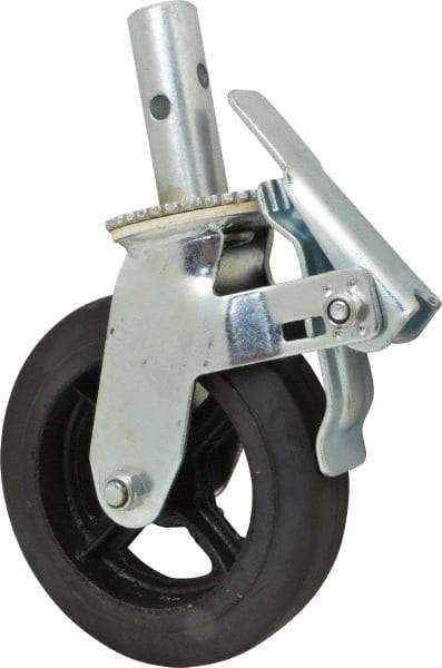 Fairbanks - 9-1/2" Diam x 2" Wide, Rubber Molded on 70 Durometer Swivel with Brake Double Braking Lock Design Caster - 500 Lb Capacity, Round Scaffold Stem Mount, Roller Bearing - USA Tool & Supply