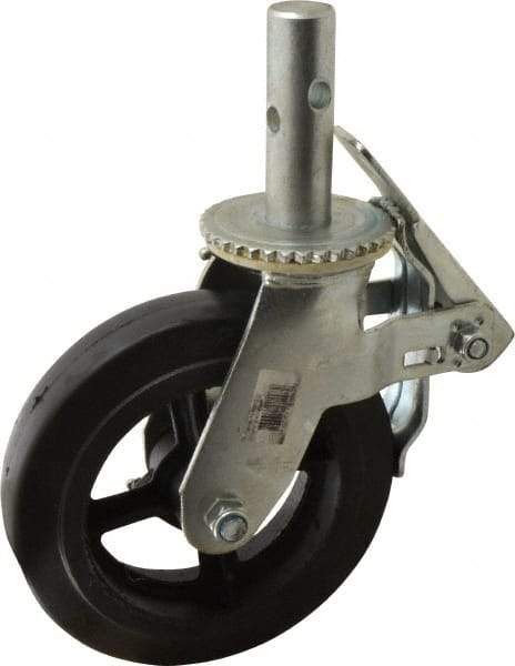Fairbanks - 9-1/2" Diam x 2" Wide, Rubber Molded on 90 Durometer Swivel with Brake Double Braking Lock Design Caster - 500 Lb Capacity, Round Scaffold Stem Mount, Roller Bearing - USA Tool & Supply