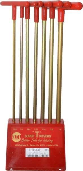 Made in USA - 7 Piece T-Handle Hex Key Set - Hex Range 7/64 to 1/4", 13" OAL, Chromalloy Steel - USA Tool & Supply