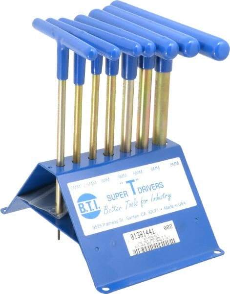 Made in USA - 7 Piece T-Handle Hex Key Set - Hex Range 2 to 8mm, 7" OAL, Chromalloy Steel - USA Tool & Supply