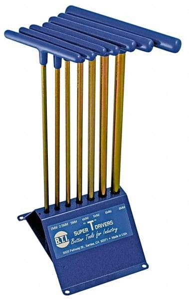 Made in USA - 7 Piece T-Handle Hex Key Set - Hex Range 2 to 8mm, 13" OAL, Chromalloy Steel - USA Tool & Supply