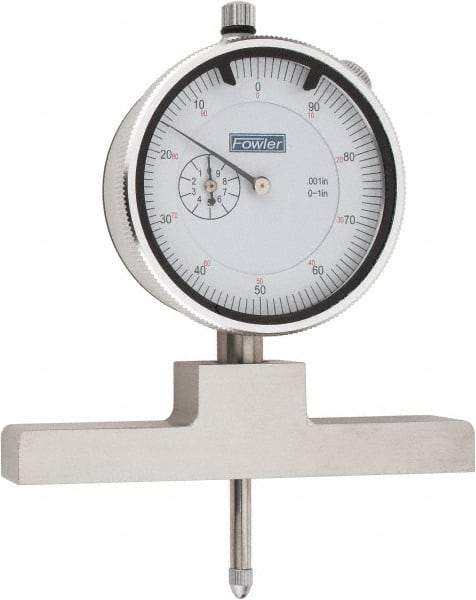 Fowler - 0 to 22 Inch Range, Steel, White Dial Depth Gage - 0.001 Inch Graduation, 0.001 Inch Accuracy, 1 Inch Travel, 4 Inch Base Measuring Length - USA Tool & Supply