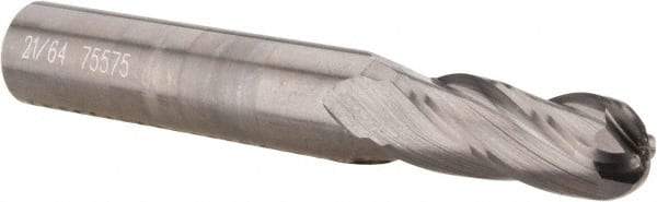 OSG - 21/64" Diam, 7/8" LOC, 4 Flute Solid Carbide Ball End Mill - Uncoated, Single End, 2-1/2" OAL, 3/8" Shank Diam, Spiral Flute - USA Tool & Supply