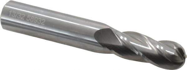 OSG - 13/32" Diam, 1" LOC, 4 Flute Solid Carbide Ball End Mill - Uncoated, Single End, 2-3/4" OAL, 7/16" Shank Diam, Spiral Flute - USA Tool & Supply