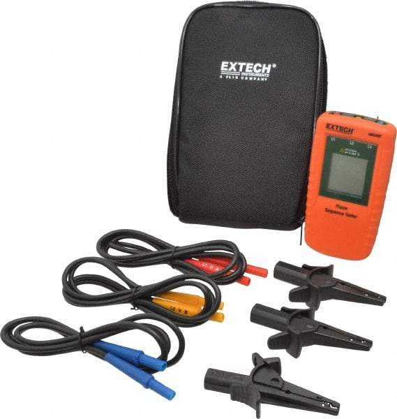 Extech - 3 Phase, 40 to 600 VAC, 15 to 400 Hz, 32 to 104°F, LCD Display Phase Rotation Tester - No Battery Required, Includes Alligator Clips, Test Leads, CAT III 600 V, CE, EN 61010-1 - USA Tool & Supply