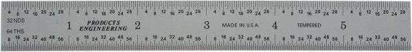 PEC Tools - 6" Long, 1/64, 1/32" and 0.5, 1mm Graduation, Rigid Steel Rule - English/Metric Graduation Style, 3/4" Wide, Silver, Satin Chrome Finish - USA Tool & Supply