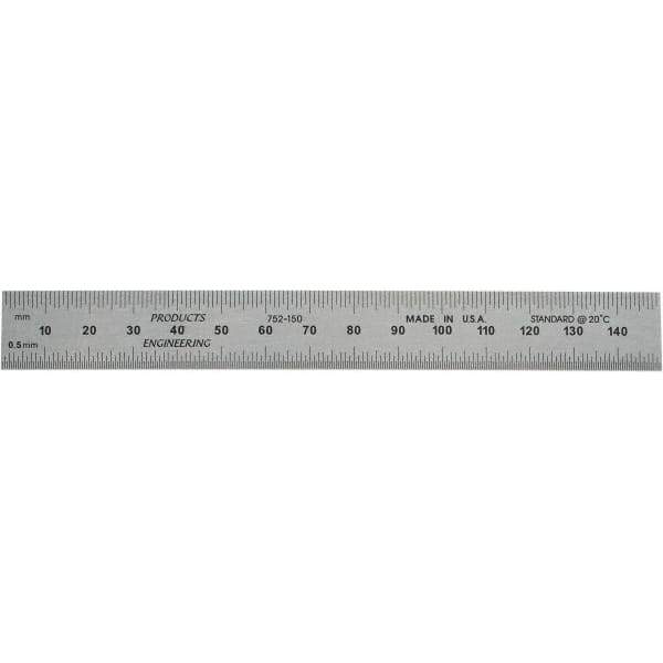 PEC Tools - 150mm Long, 0.5, 1mm Graduation, Rigid Steel Rule - Metric Graduation Style, 3/4" Wide, Silver, Satin Chrome Finish - USA Tool & Supply