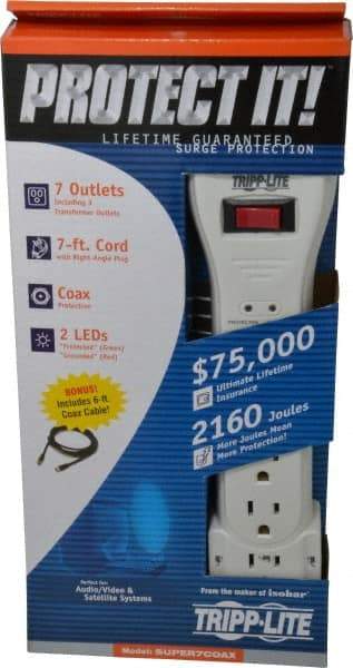 Tripp-Lite - 7 Outlets, 120 Volts, 15 Amps, 7' Cord, Power Outlet Strip - Keyhole Mount, 5-15P NEMA Configuration, 12.4" Strip, UL1449 3rd Edition - USA Tool & Supply