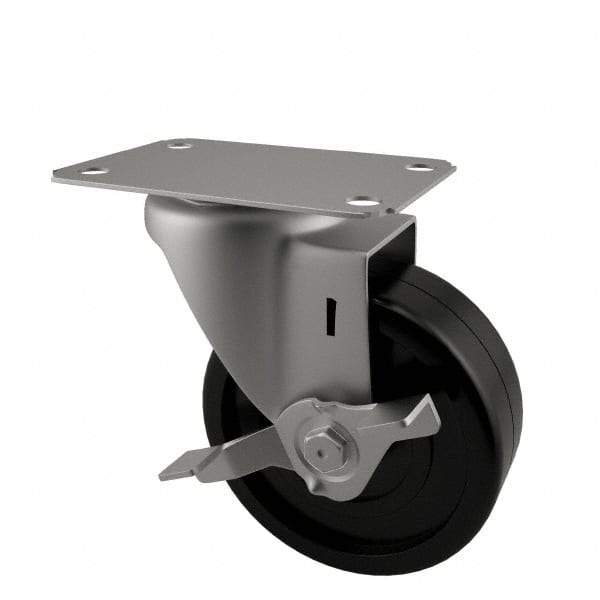 E.R. Wagner - 3" Diam x 1-1/4" Wide x 3-3/4" OAH Top Plate Mount Swivel Caster with Brake - Soft Rubber, 125 Lb Capacity, Delrin Bearing, 2-3/4 x 3-3/4" Plate - USA Tool & Supply