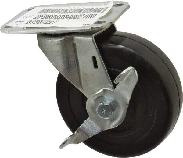 E.R. Wagner - 4" Diam x 1-1/4" Wide x 4-11/16" OAH Top Plate Mount Swivel Caster with Brake - Soft Rubber, 165 Lb Capacity, Delrin Bearing, 2-3/4 x 3-3/4" Plate - USA Tool & Supply