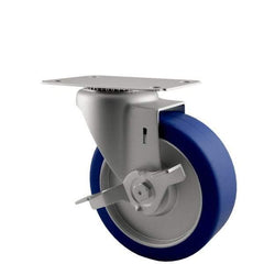 E.R. Wagner - 5" Diam x 1-1/4" Wide x 5-5/8" OAH Top Plate Mount Swivel Caster with Brake - Polyurethane, 280 Lb Capacity, Delrin Bearing, 2-3/4 x 3-3/4" Plate - USA Tool & Supply
