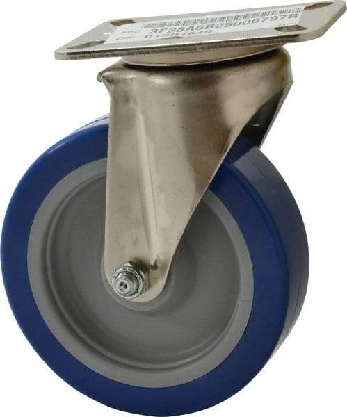 E.R. Wagner - 5" Diam x 1-1/2" Wide x 6-3/8" OAH Top Plate Mount Swivel Caster - Polyurethane, 450 Lb Capacity, Delrin Bearing, 3-1/8 x 4-1/8" Plate - USA Tool & Supply