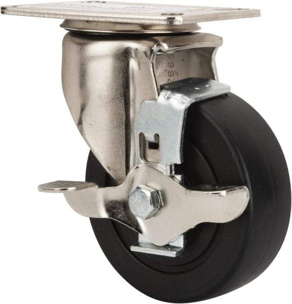 E.R. Wagner - 4" Diam x 1-1/2" Wide x 5-3/8" OAH Top Plate Mount Swivel Caster with Brake - Polyolefin, 375 Lb Capacity, Delrin Bearing, 3-1/8 x 4-1/8" Plate - USA Tool & Supply