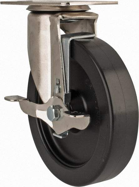 E.R. Wagner - 6" Diam x 1-3/8" Wide x 7-3/8" OAH Top Plate Mount Swivel Caster with Brake - Polyolefin, 450 Lb Capacity, Delrin Bearing, 3-1/8 x 4-1/8" Plate - USA Tool & Supply